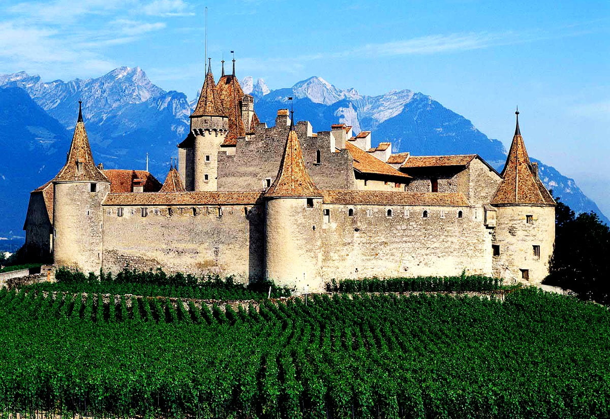 Château comme bâtiment et montagne (Caveau du Cloître Jean Marie Cappelli, Aigle (Vaud), Suisse)