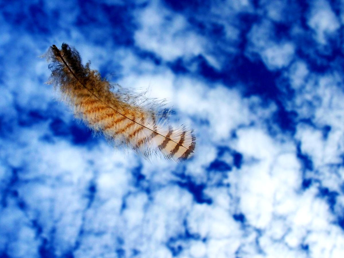Plane flying through cloudy blue sky
