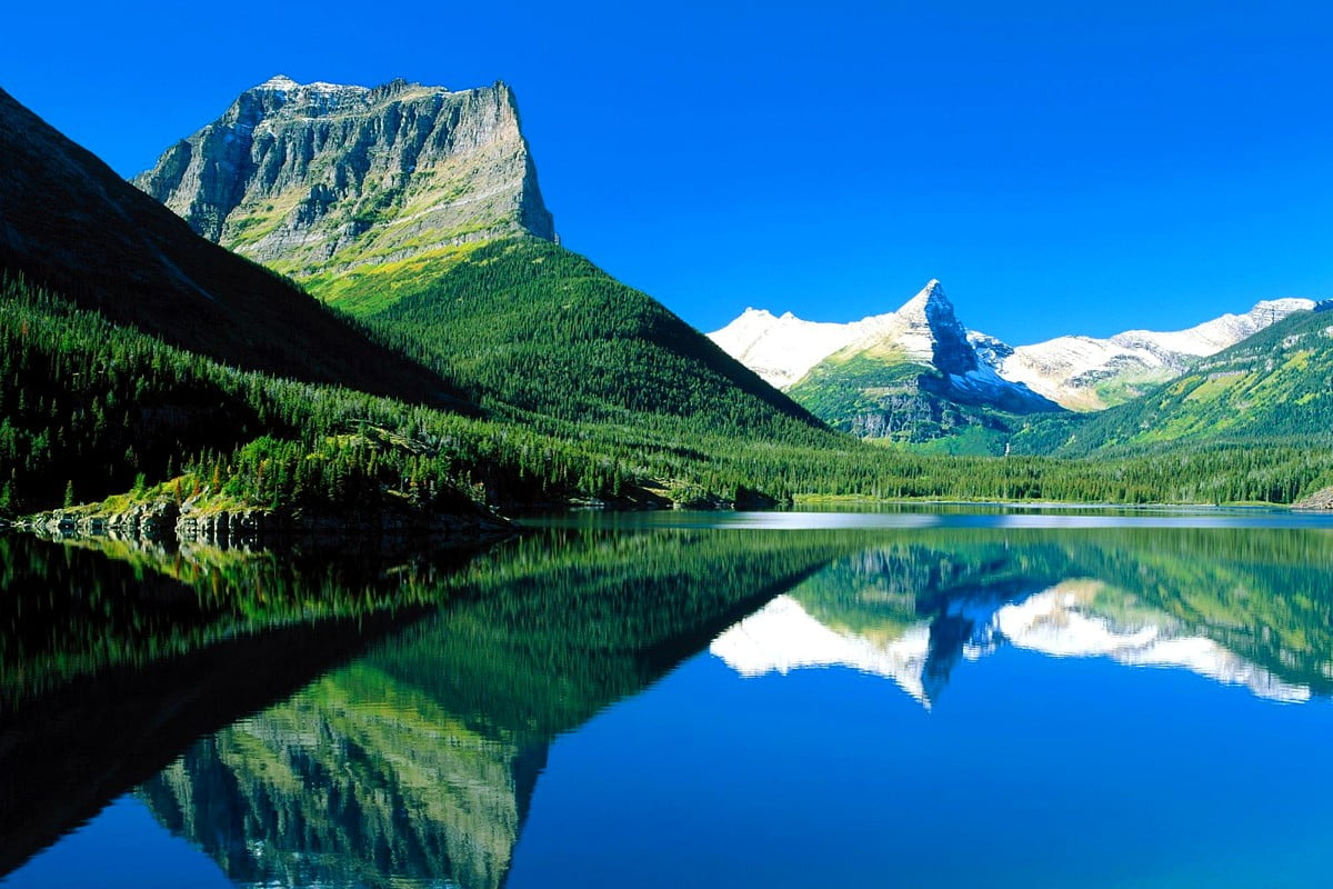 Mountains, nature, reflection, snowy mountains, highland (Glacier National Park, Montana, United States of America) / background 1600x1066