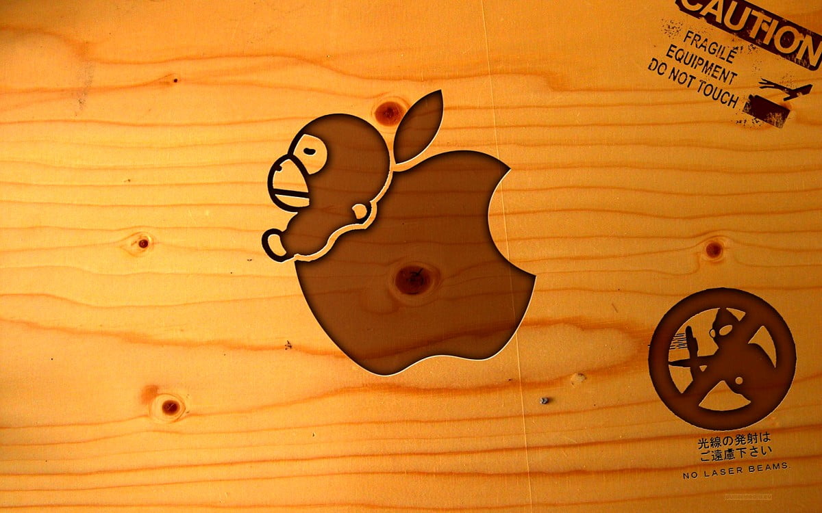 Logo Apple, papillon, marron, dessins animés, papiers peints en bois — gratuit image d'arrière-plan 1600x1000