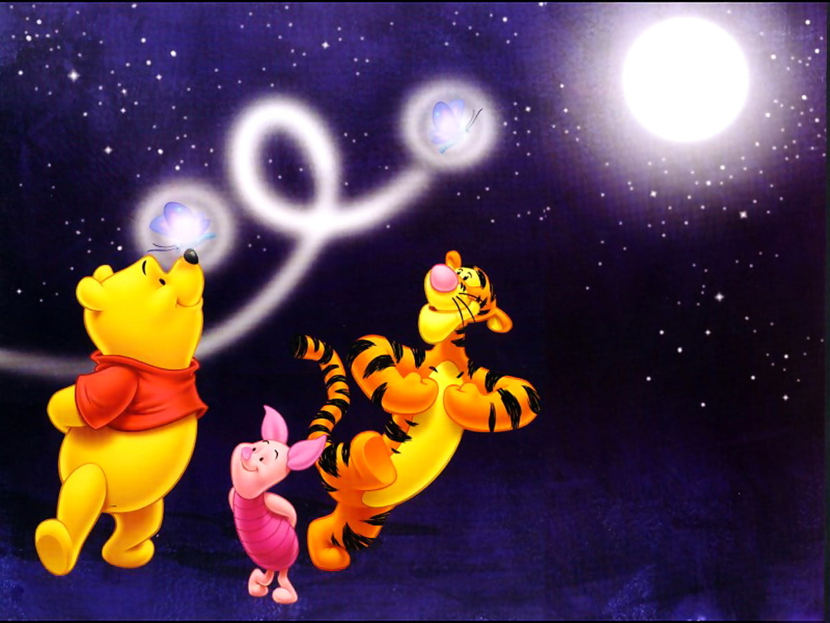1024x768 fond d'écran : dessin animé, dessins animés, lune, animation, illustration (scène de film d'animation "Winnie l'ourson")