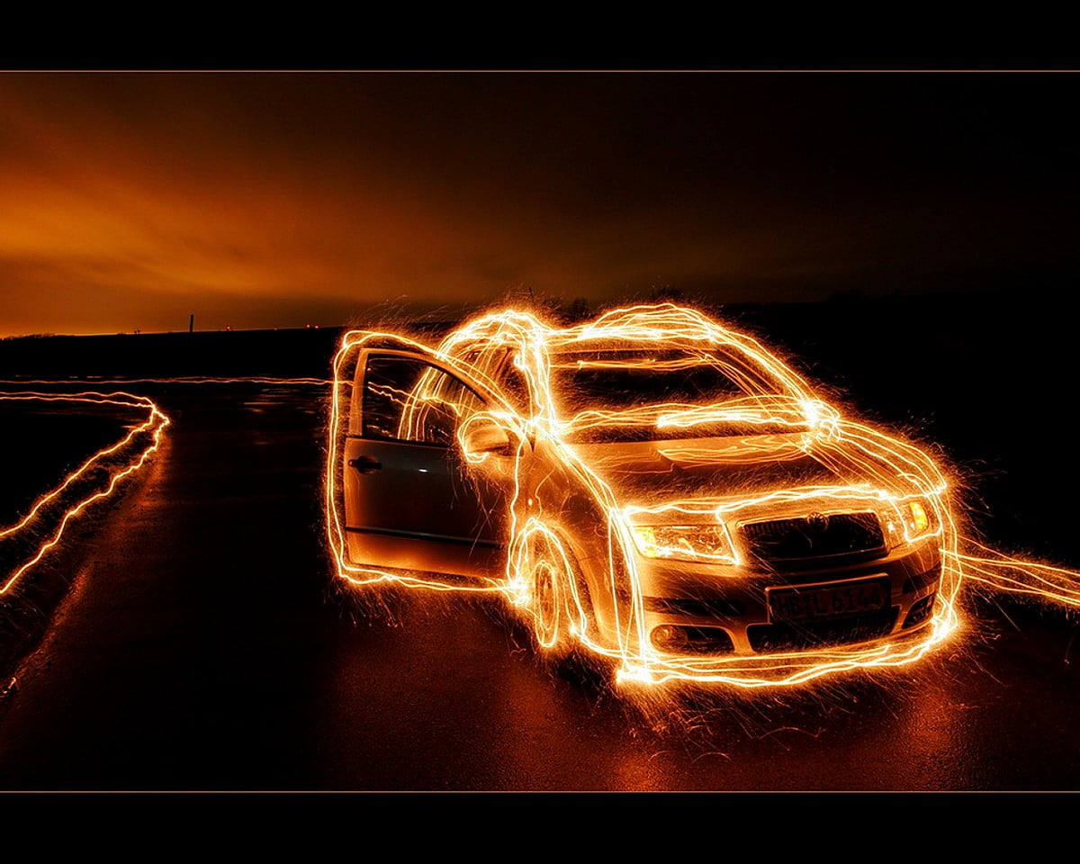 Flames, light, cars, night, reflection — backgrounds