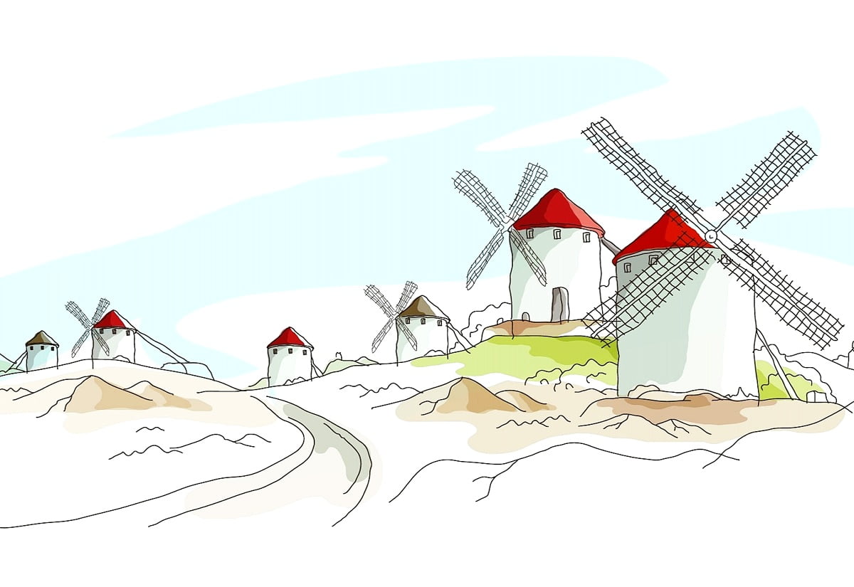 Gratuit fond d'écran — villes peintes, Moulin à vent, illustration, vent, architecture (1600x1100)