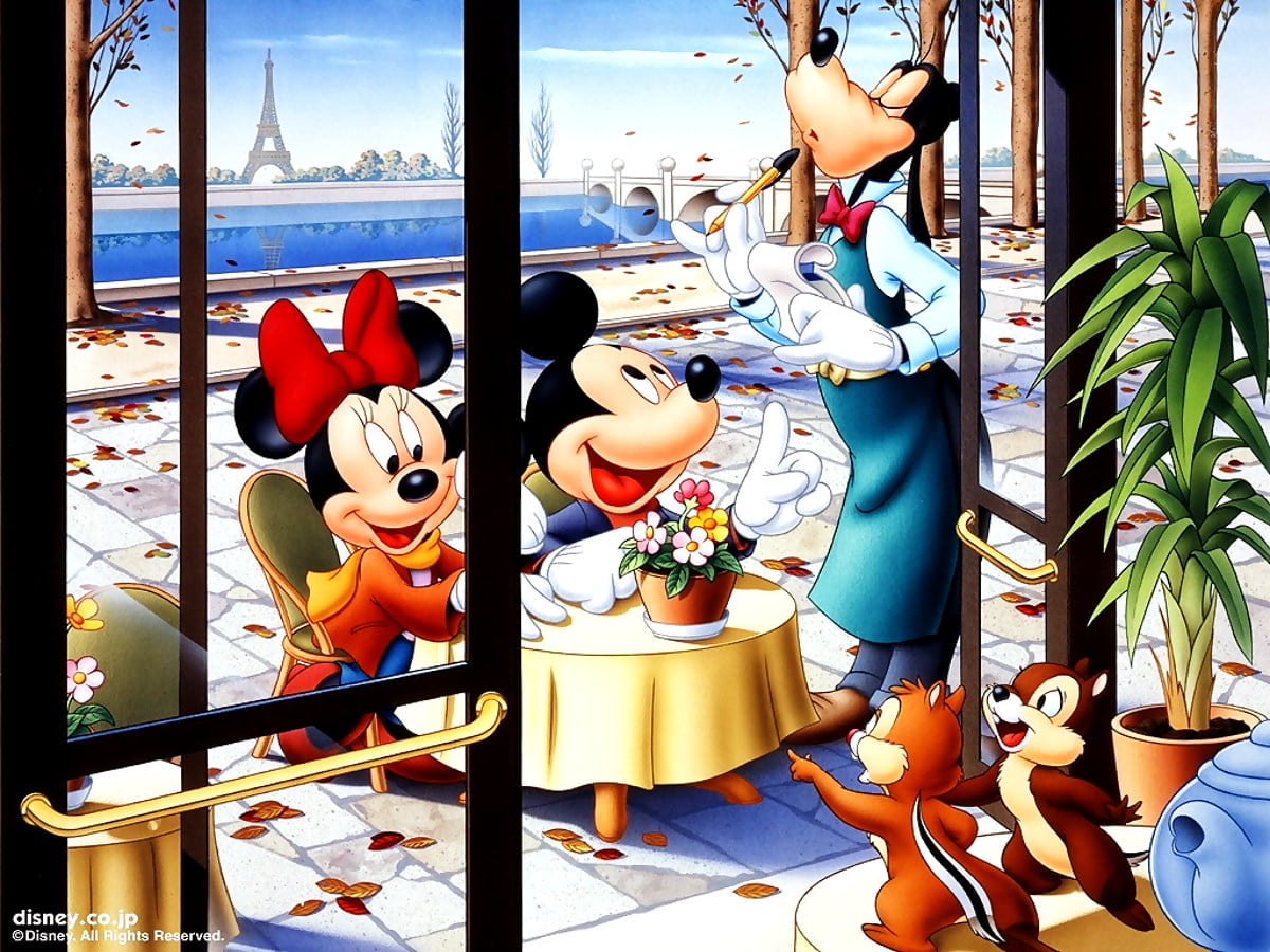 Gens assis à table devant la fenêtre (scène de film d'animation "Mickey Mouse") - fond d'écran