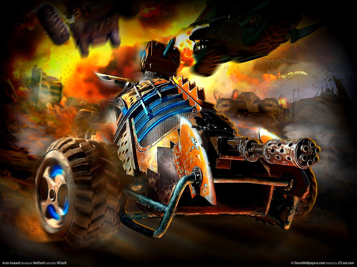 Auto Assault, dessins animés, Jeux, camion monstre, voitures (scène du jeu vidéo "Auto Assault") — image de fond