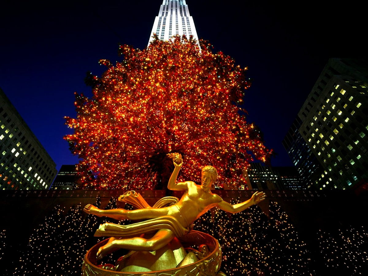 Christmas tree, architecture, christmas, night (Rockefeller Center, New York, United States of America) / free wallpapers