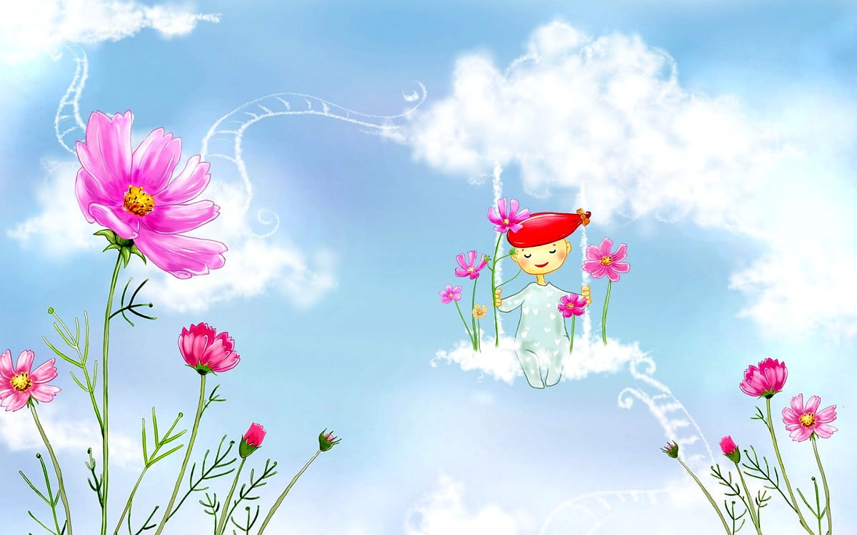 Colorful flowers in field flying kite / free screen wallpaper