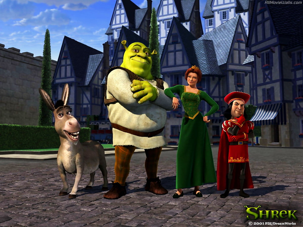 Personnes debout devant le bâtiment (scène de film d'animation "Shrek") — image de fond